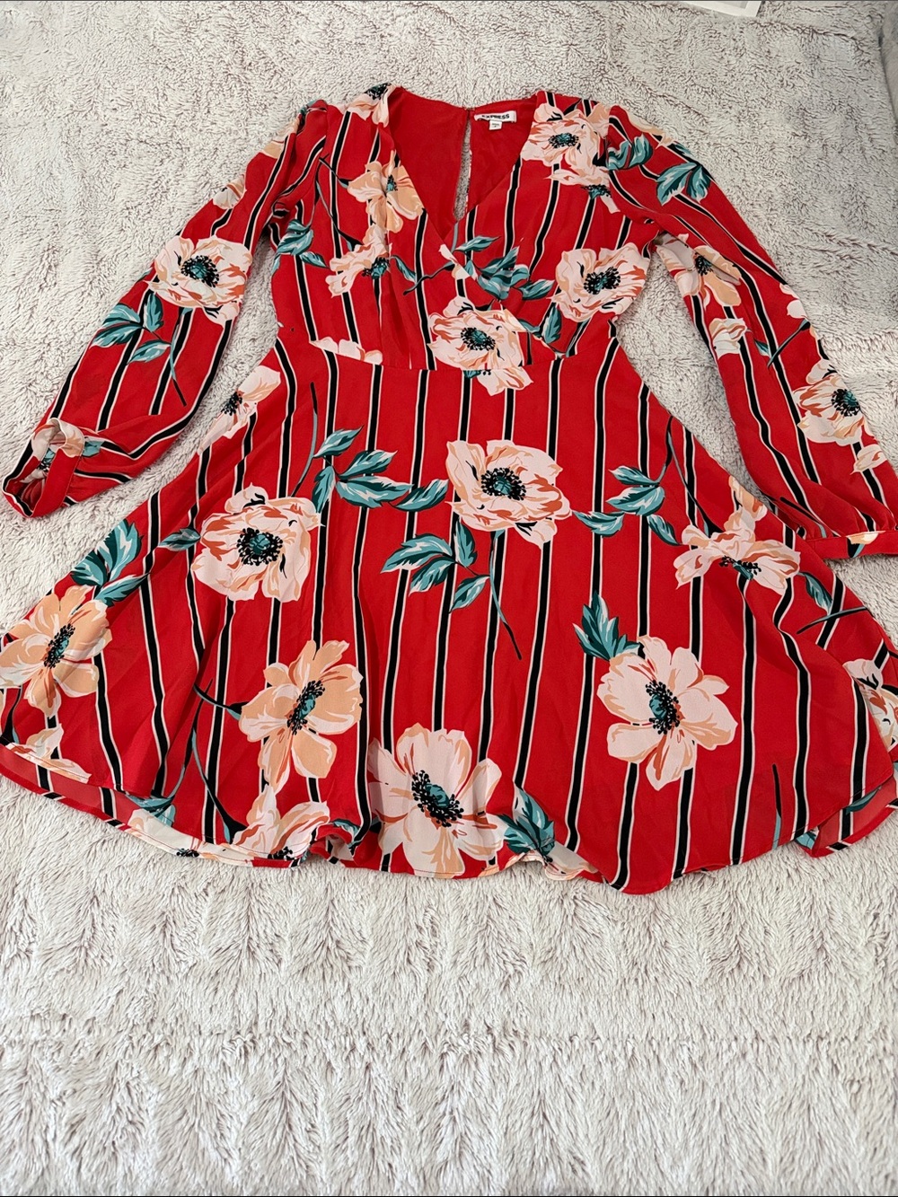 Express Red Floral Stripe Fit & Flare Dress